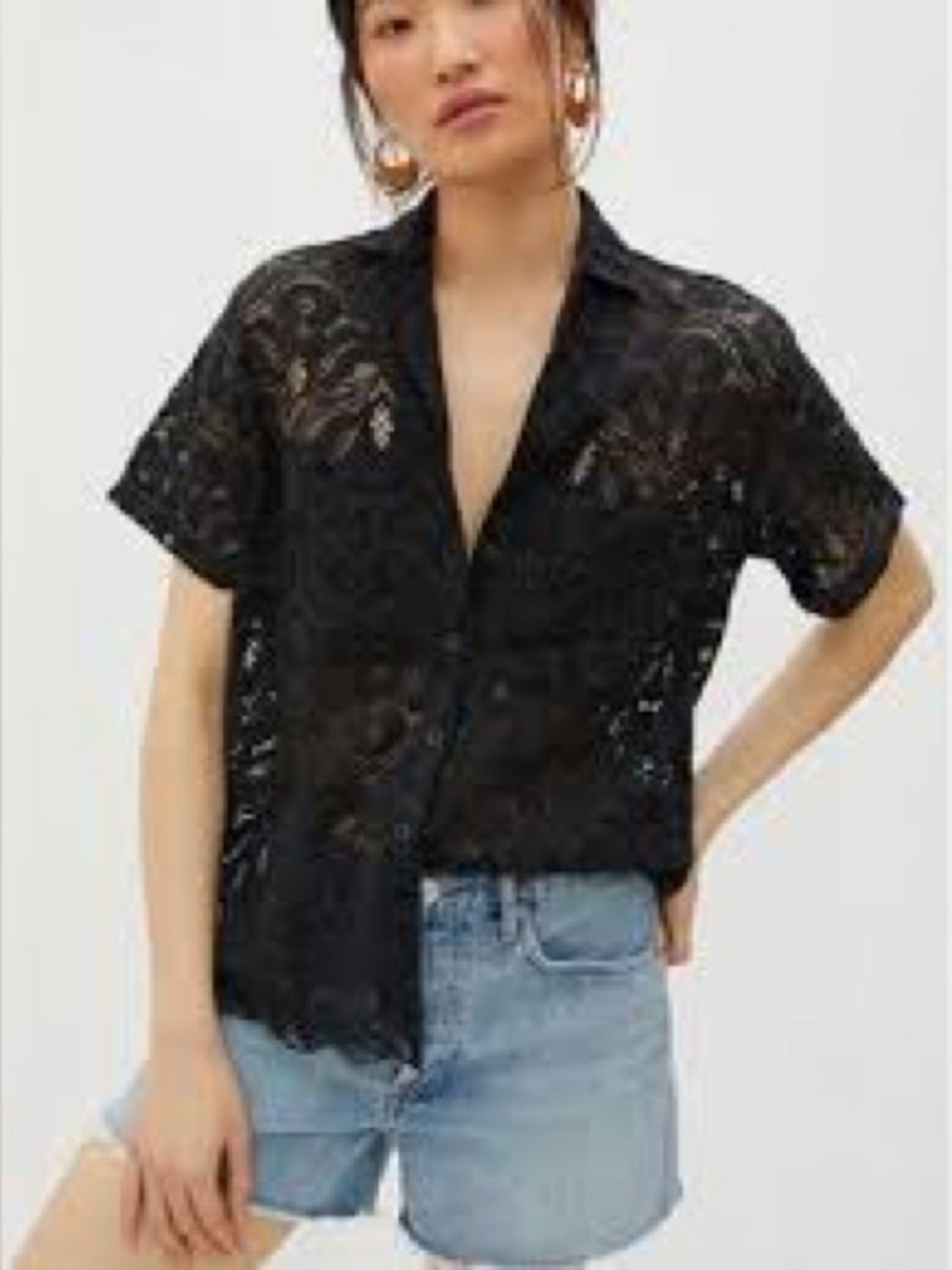 Maeve Lace Surf Shirt in Black Anthropologie Button Front Top Small